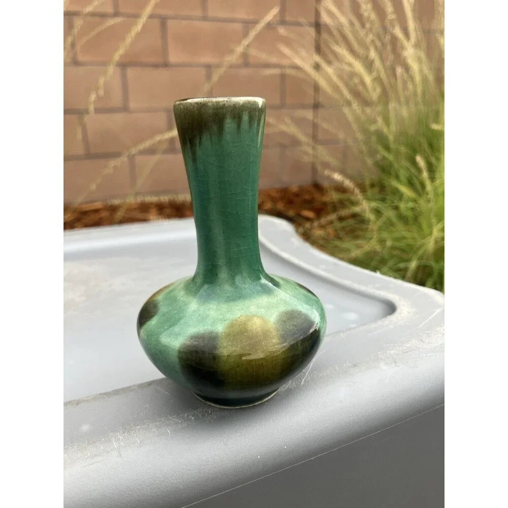 VTG Studio Pottery Green Drip Glaze Bud Vase 4” Mid Century Style